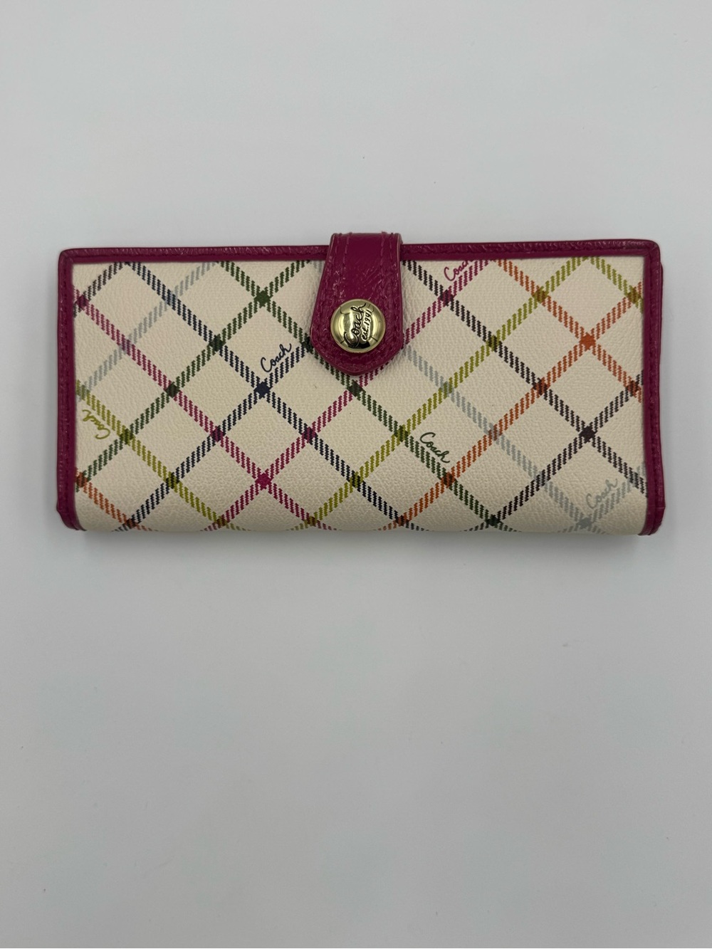 Coach Tattersall Print Leather Wallet with Pink Patent Leather Trim